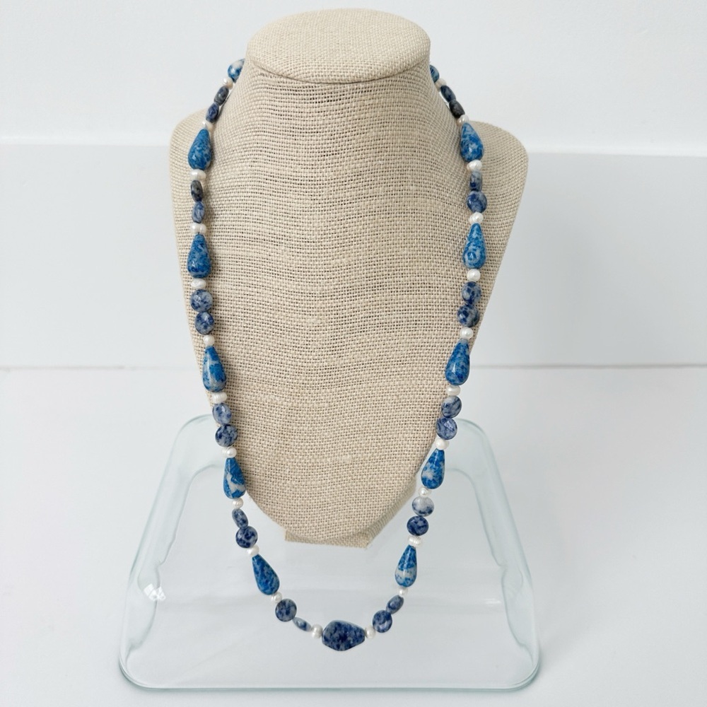 NWT Genuine Sodalite & Pearls Necklace Blue White Beaded 27"